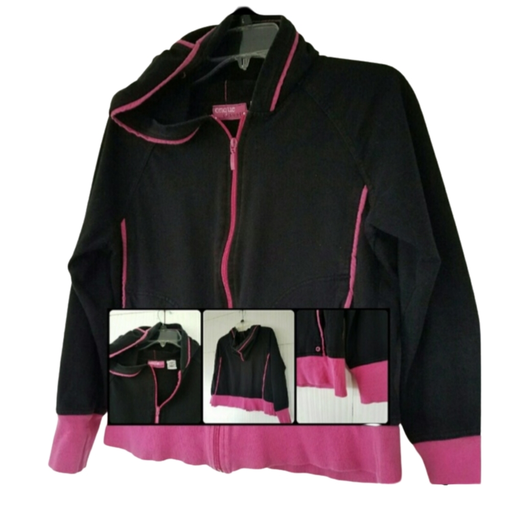 M6)  Black & Pink Zip-Up Hoodie Jacket Sz M – Contrast Trim Casual Girls/Women’s